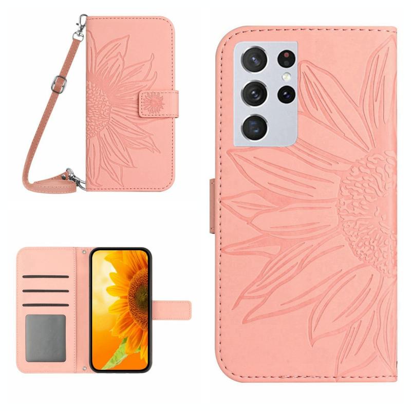 Voor Samsung Galaxy S21 Ultra 5G Skin Feel Sun Flower Pattern Flip Leather Phone Case met Lanyard