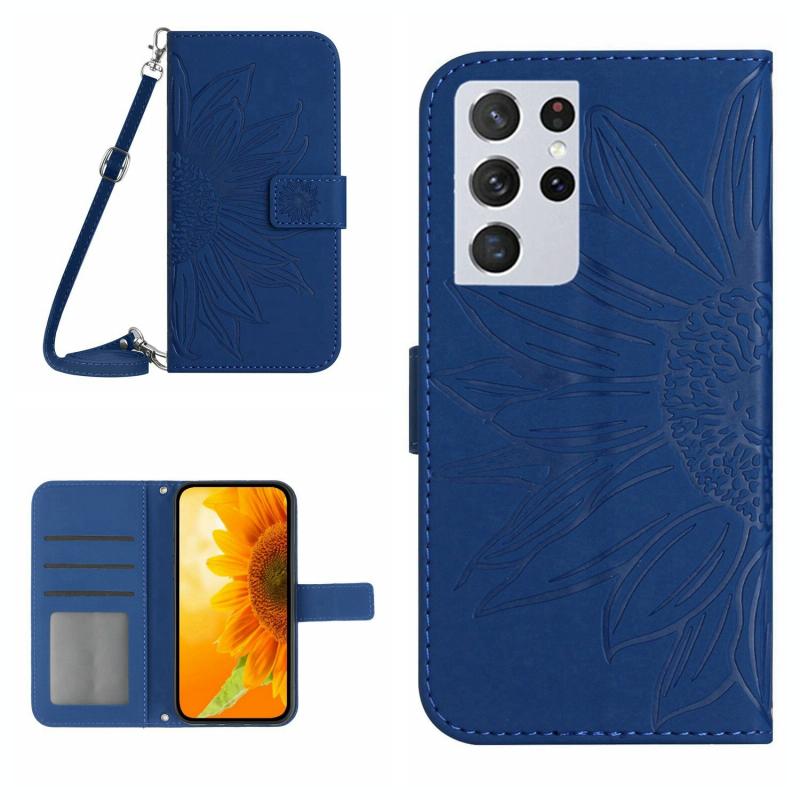 Voor Samsung Galaxy S21 Ultra 5G Skin Feel Sun Flower Pattern Flip Leather Phone Case met Lanyard (Donkerblauw)