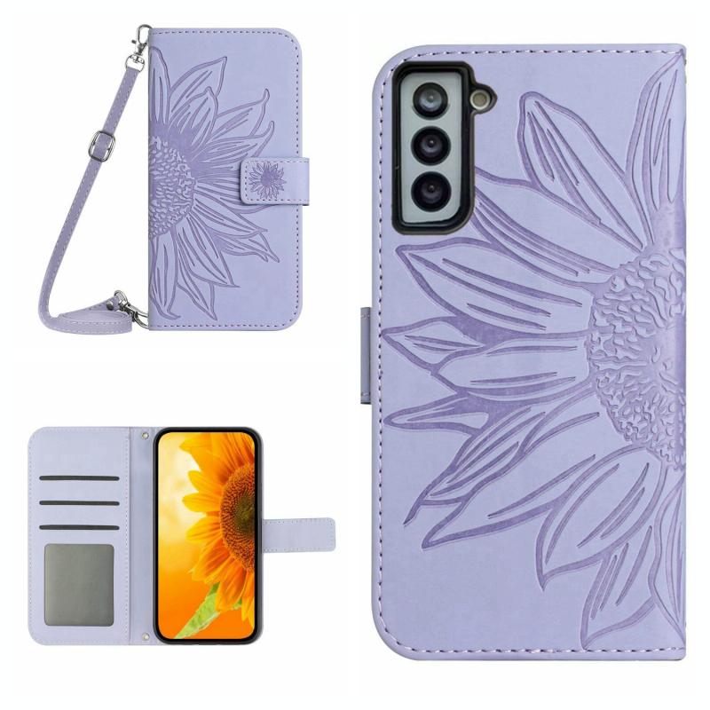 Voor Samsung Galaxy S22 5G Skin Feel Sun Flower Pattern Flip Leather Phone Case met Lanyard (Paars)