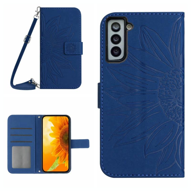 Voor Samsung Galaxy S22 5G Skin Feel Sun Flower Pattern Flip Leather Phone Case met Lanyard (Donkerblauw)