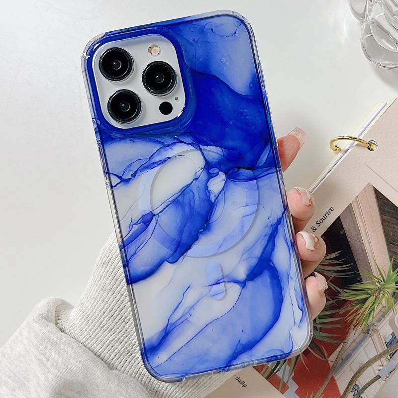 Voor iPhone 14 Plus Marmer Dual-side Lamineren Magsafe Phone Case (Wit Blauw)