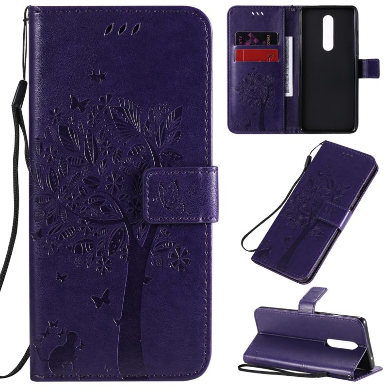 Voor OnePlus 8 Tree & Cat Patroon Geperst Afdrukken Horizontale Flip PU Lederen case met Holder & Card Slots & Wallet & Lanyard(Paars)