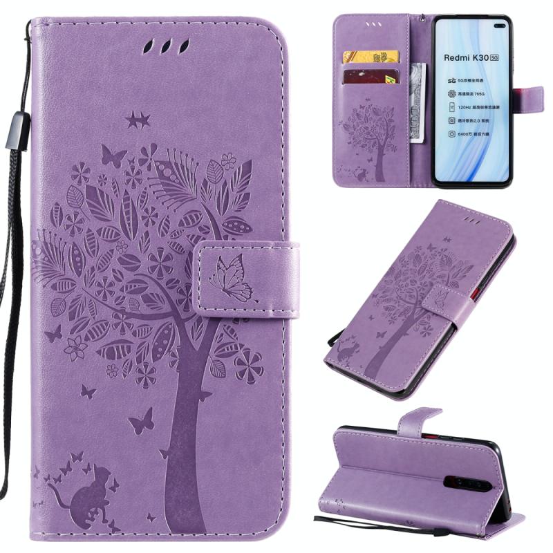 Voor Xiaomi Redmi K30 Tree & Cat Patroon Geperst Afdrukken Horizontale Flip PU Lederen case met Holder & Card Slots & Wallet & Lanyard(Licht paars)