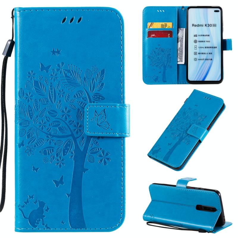 Voor Xiaomi Redmi K30 Tree & Cat Patroon Geperst Afdrukken Horizontale Flip PU Lederen case met Holder & Card Slots & Wallet & Lanyard(Blauw)