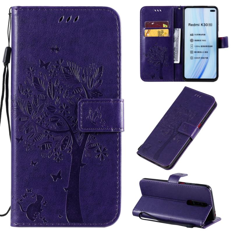 Voor Xiaomi Redmi K30 Tree & Cat Patroon Geperst Afdrukken Horizontale Flip PU Lederen case met Holder & Card Slots & Wallet & Lanyard(Paars)