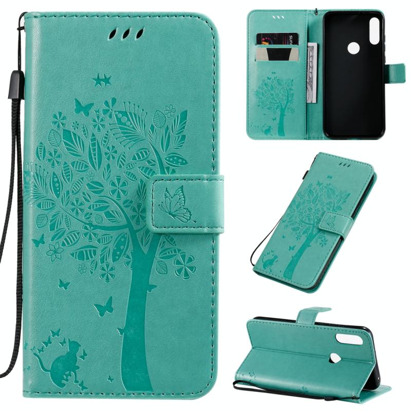 Voor Motorola Moto E7 Tree & Cat Patroon Geperst Afdrukken Horizontale Flip PU Lederen case met Holder & Card Slots & Wallet & Lanyard(Groen)