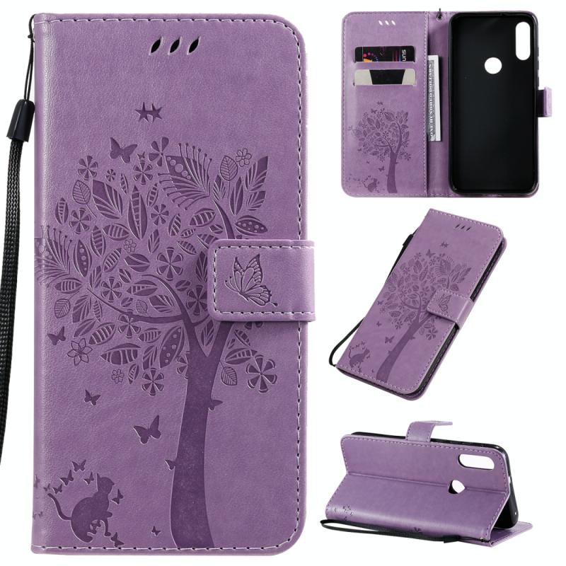 Voor Motorola Moto E7 Tree & Cat Patroon Geperst Afdrukken Horizontale Flip PU Lederen case met Holder & Card Slots & Wallet & Lanyard(Light Purple)