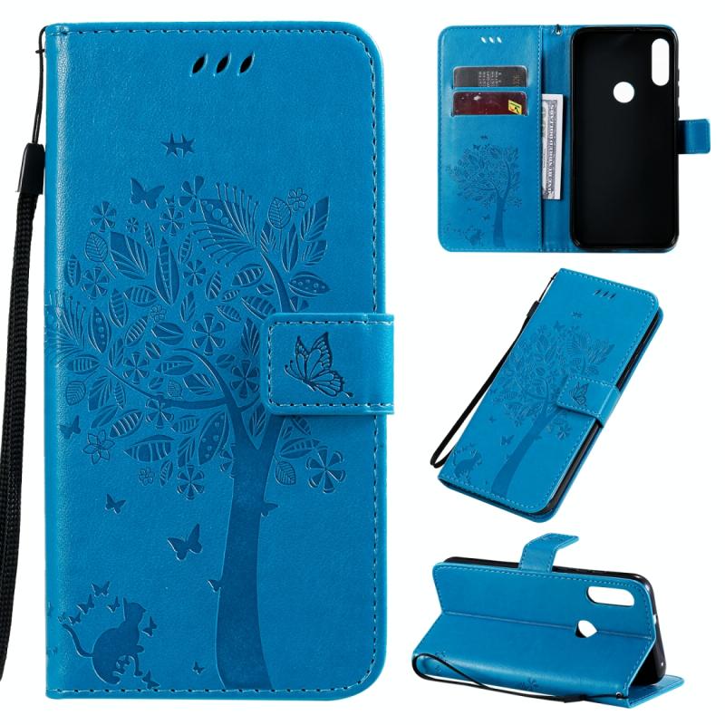 Voor Motorola Moto E7 Tree & Cat Patroon Geperst Afdrukken Horizontale Flip PU Lederen case met Holder & Card Slots & Wallet & Lanyard(Blue)