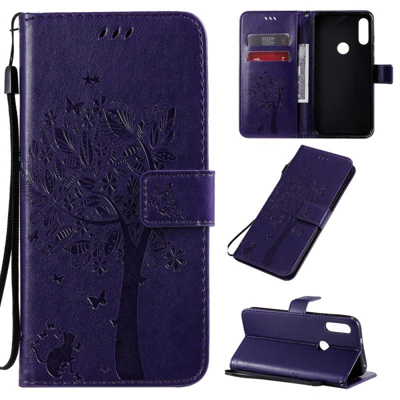 Voor Motorola Moto E7 Tree & Cat Patroon Geperst Afdrukken Horizontale Flip PU Lederen case met Holder & Card Slots & Wallet & Lanyard(Paars)