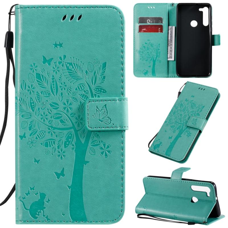 Voor Motorola Moto G8 Tree & Cat Patroon Geperst Afdrukken Horizontale Flip PU Lederen case met Holder & Card Slots & Wallet & Lanyard(Groen)