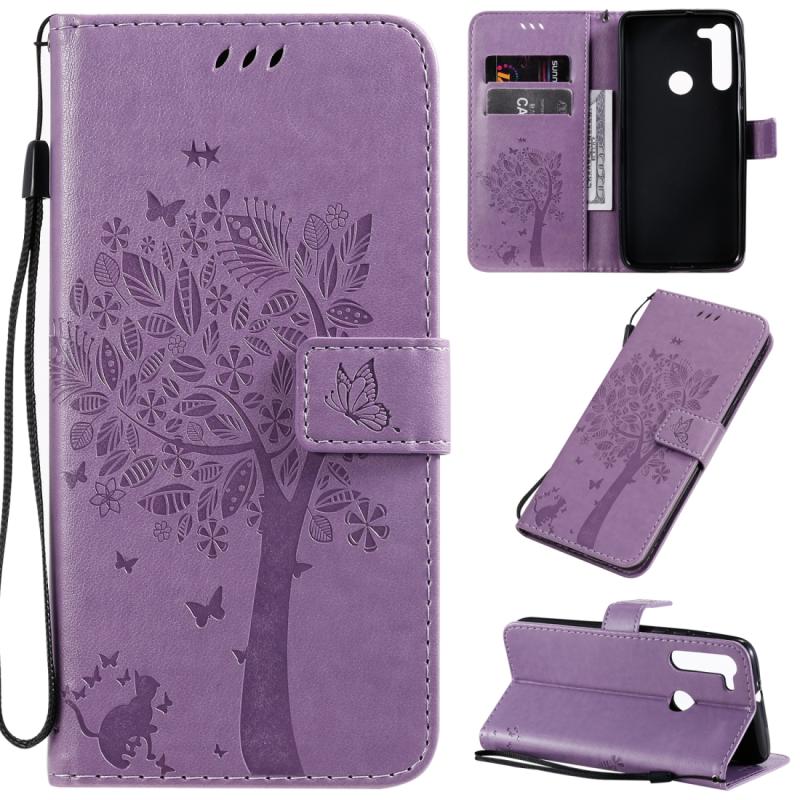 Voor Motorola Moto G8 Tree & Cat Patroon Geperst Afdrukken Horizontale Flip PU Lederen case met Holder & Card Slots & Wallet & Lanyard(Light Purple)