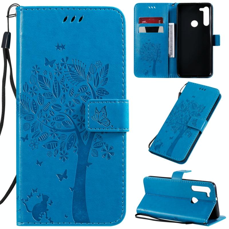 Voor Motorola Moto G8 Tree & Cat Patroon Geperst Afdrukken Horizontale Flip PU Lederen case met Holder & Card Slots & Wallet & Lanyard(Blauw)