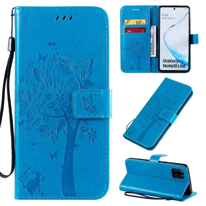 Voor Galaxy A81 / M60S Tree & Cat Patroon Geperst Afdrukken Horizontale Flip PU Lederen case met Holder & Card Slots & Wallet & Lanyard(Blauw)