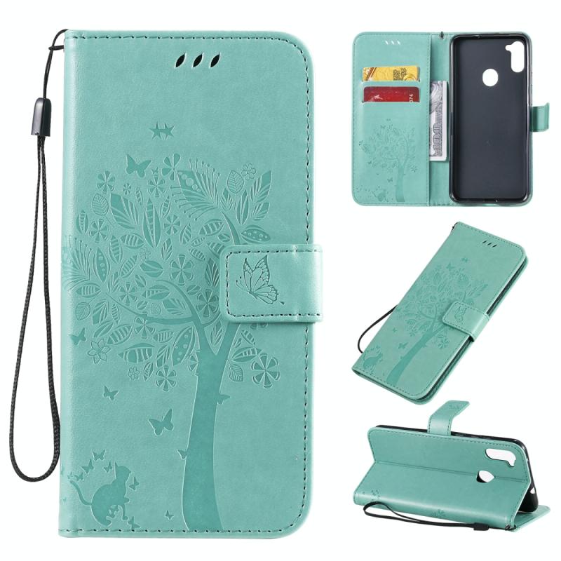 Voor Galaxy M11 / A11 Tree & Cat Patroon Geperst Afdrukken Horizontale Flip PU Lederen case met Holder & Card Slots & Wallet & Lanyard(Groen)