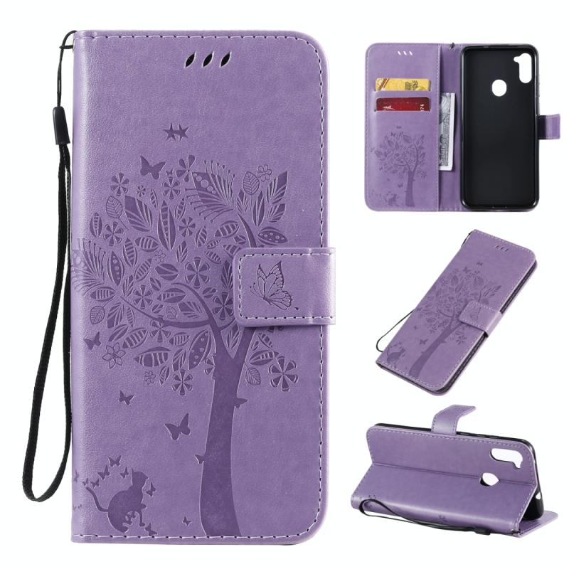 Voor Galaxy M11 / A11 Tree & Cat Patroon Geperst Afdrukken Horizontale Flip PU Lederen case met Holder & Card Slots & Wallet & Lanyard(Lichtpaars)