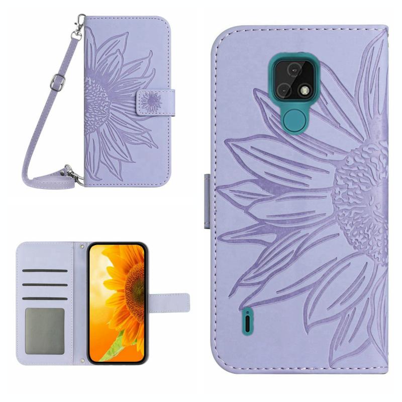 For Motorola Moto E7 Skin Feel Sun Flower Pattern Flip Leather Phone Case with Lanyard(Purple)
