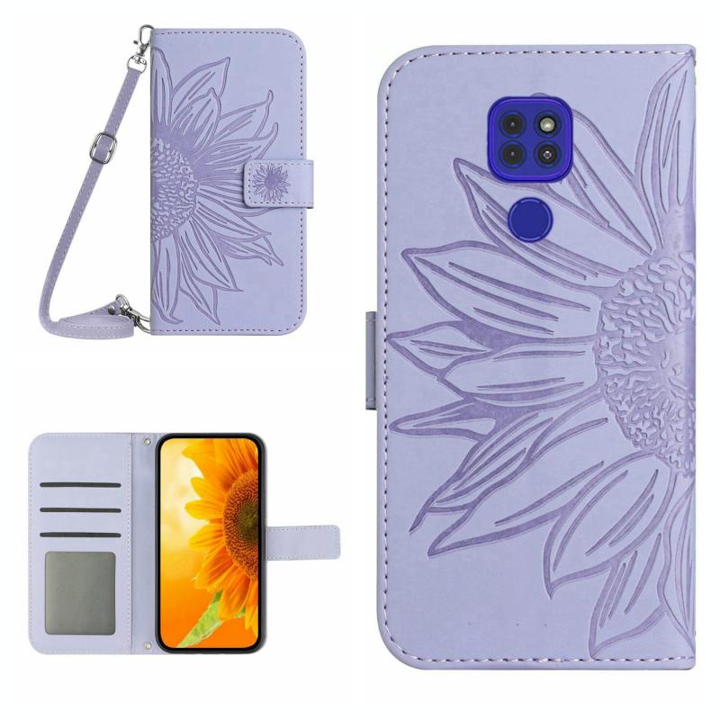 For Motorola Moto E7 Plus/G9/G9 Play Skin Feel Sun Flower Pattern Flip Leather Phone Case with Lanyard(Purple)
