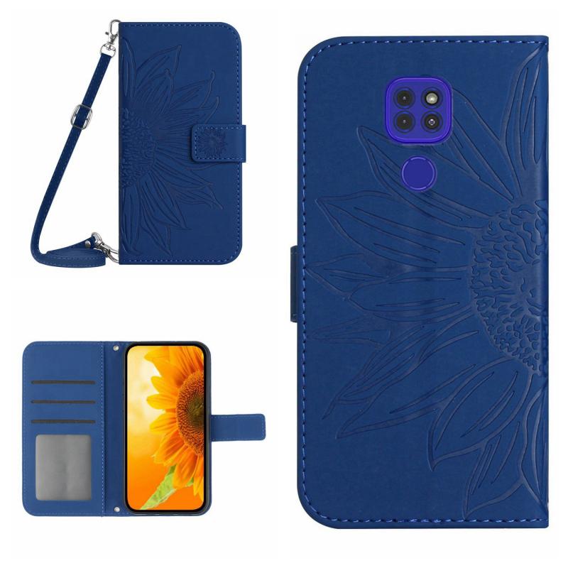 For Motorola Moto E7 Plus/G9/G9 Play Skin Feel Sun Flower Pattern Flip Leather Phone Case with Lanyard(Dark Blue)