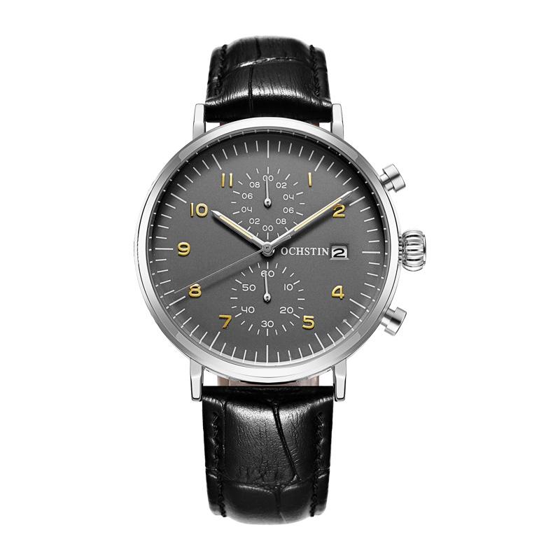 Ochstin 5076D multifunctioneel zakelijk lederen waterdicht lichtgevend quartz horloge (zilver + zwart)