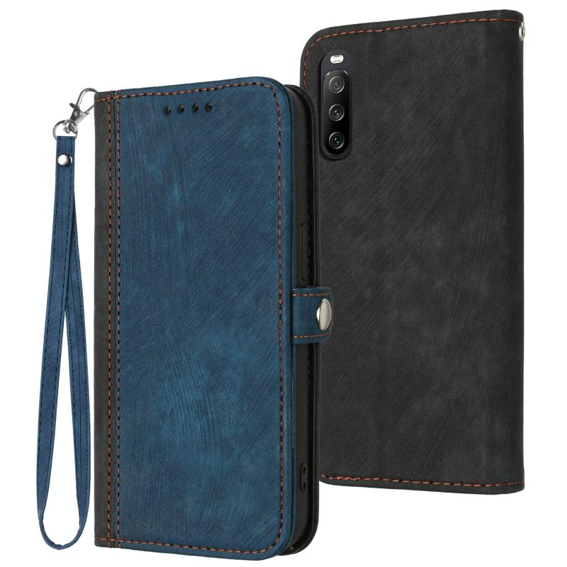 Voor Sony Xperia 10 IV Side Buckle Double Fold Hand Strap Leather Phone Case (Royal Blue)