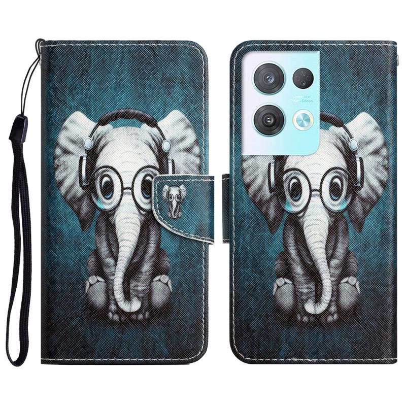 Voor OPPO Reno8 Pro gekleurde tekening lederen telefoonhoes (oortelefoon olifant)