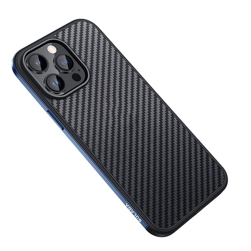 Voor iPhone 14 Pro SULADA Koolstofvezel Getextureerd Schokbestendig Metaal + TPU Frame Case (Donkerblauw)