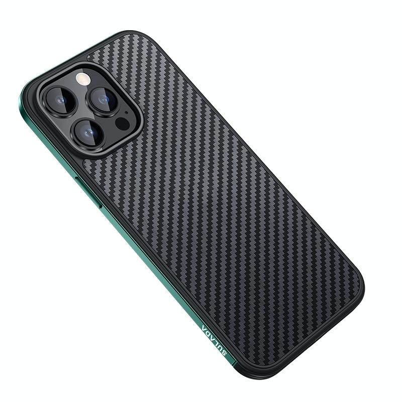 Voor iPhone 14 Pro Max SULADA Koolstofvezel Getextureerd Schokbestendig Metaal + TPU Frame Case (Donkergroen)