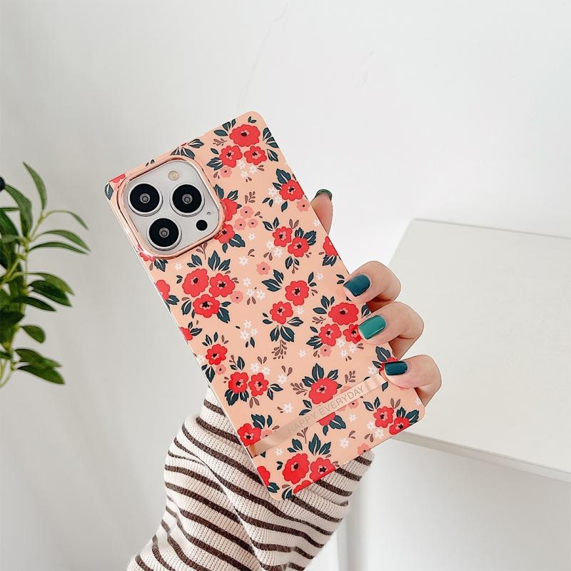 Voor iPhone 14 Pro Square Plating Gold Edge Phone Case (Fresh Red Flower)