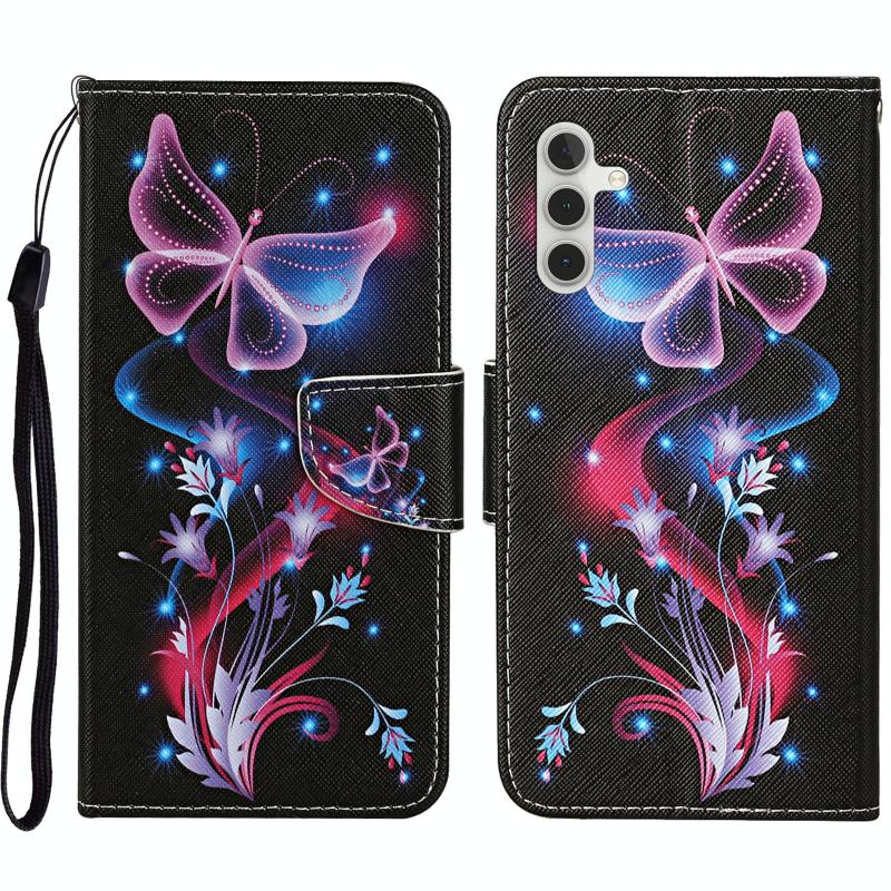 Voor Samsung Galaxy A14 5G gekleurde tekening patroon lederen telefoonhoes (fluorescerende vlinder)