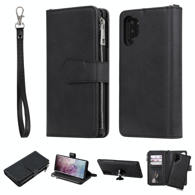 Voor Galaxy Note 10 Pro 2 in 1 Solid Color Zipper Shockproof Protective Case met Kaartsleuven & Beugel & Fotohouder & Wallet-functie (Zwart)
