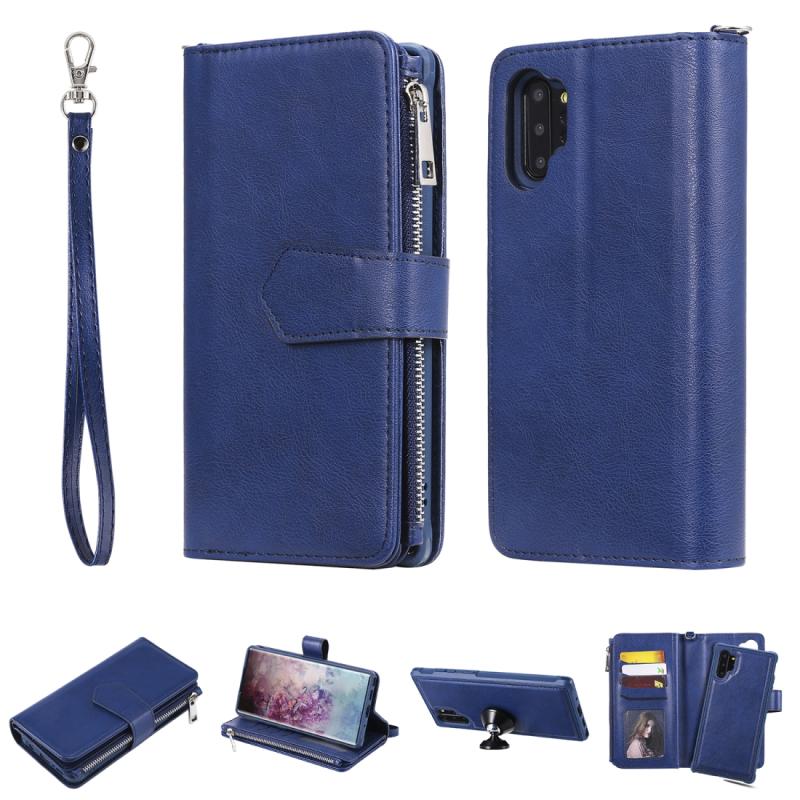 Voor Galaxy Note 10 Pro 2 in 1 Solid Color Zipper Shockproof Protective Case met Kaartsleuven & Beugel & Fotohouder & Wallet-functie (Blauw)