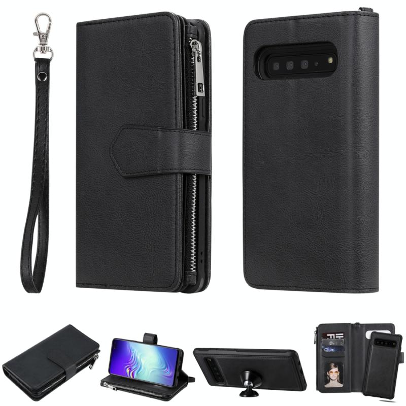 Voor Galaxy S10 5G 2 in 1 Solid Color Zipper Shockproof Protective Case met Card Slots & Bracket & Photo Holder & Wallet Function(Black)