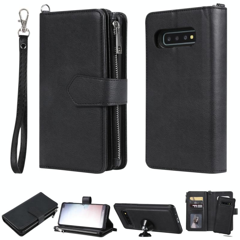 Voor Galaxy S10 Plus 2 in 1 Solid Color Zipper Shockproof Protective Case met Card Slots & Bracket & Photo Holder & Wallet Function(Black)