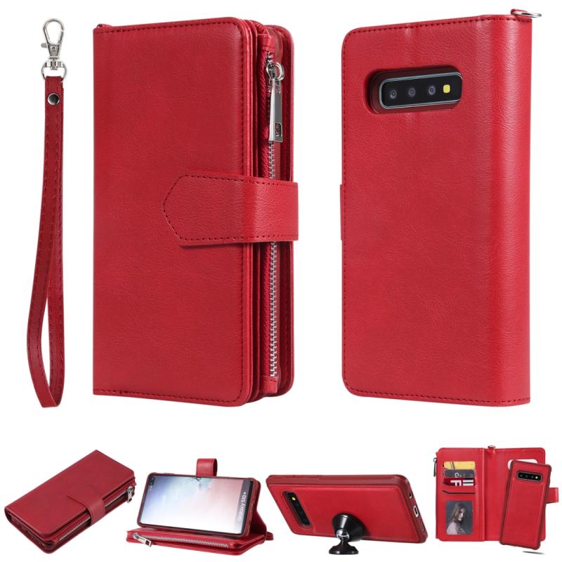 Voor Galaxy S10 Plus 2 in 1 Solid Color Zipper Shockproof Protective Case met Card Slots & Bracket & Photo Holder & Wallet Function(Red)