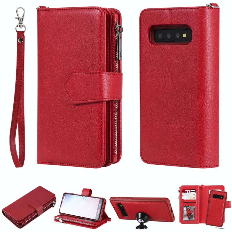 Voor Galaxy S10 2 in 1 Solid Color Zipper Shockproof Protective Case met Card Slots & Bracket & Photo Holder & Wallet Function(Red)
