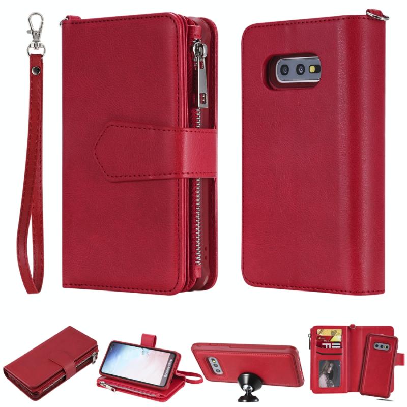 Voor Galaxy S10e 2 in 1 Solid Color Zipper Shockproof Protective Case met Card Slots & Bracket & Photo Holder & Wallet Function(Red)