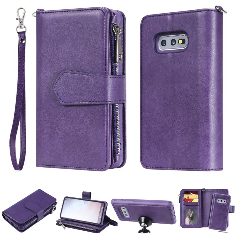 Voor Galaxy S10e 2 in 1 Solid Color Zipper Shockproof Protective Case met Card Slots & Bracket & Photo Holder & Wallet Function(Purple)