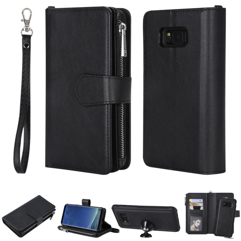 Voor Galaxy S8 Plus 2 in 1 Solid Color Zipper Shockproof Protective Case met Card Slots & Bracket & Photo Holder & Wallet Function(Black)