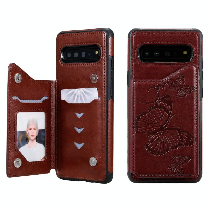 Voor Galaxy S10 5G Butterfly Embossing Pattern Shockproof Protective Case met Holder & Card Slots & Photo Frame(Brown)