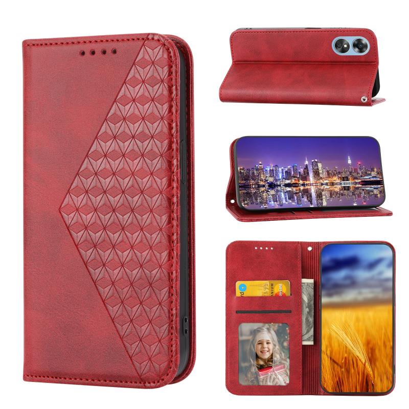 For OPPO A17 4G Cubic Grid Calf Texture Magnetic Leather Phone Case(Red)