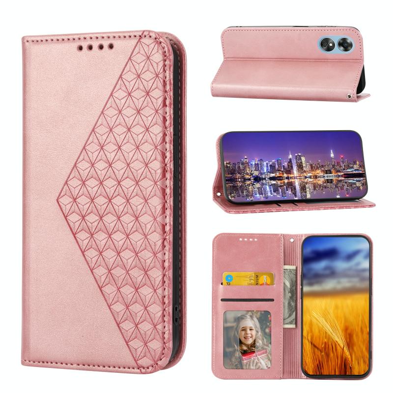 For OPPO A17 4G Cubic Grid Calf Texture Magnetic Leather Phone Case(Rose Gold)