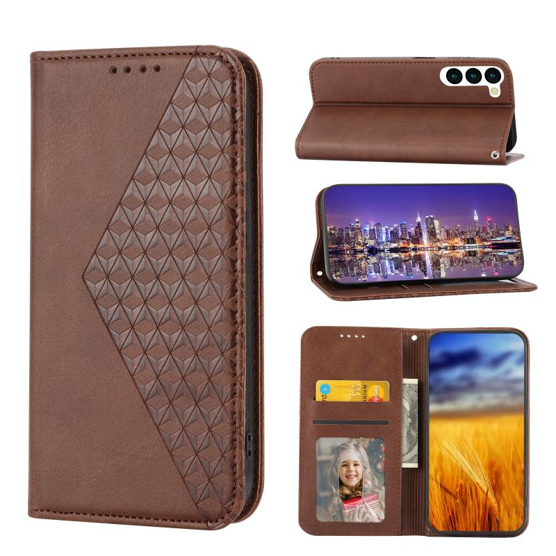 For Samsung Galaxy S23 5G Cubic Grid Calf Texture Magnetic Leather Phone Case(Brown)