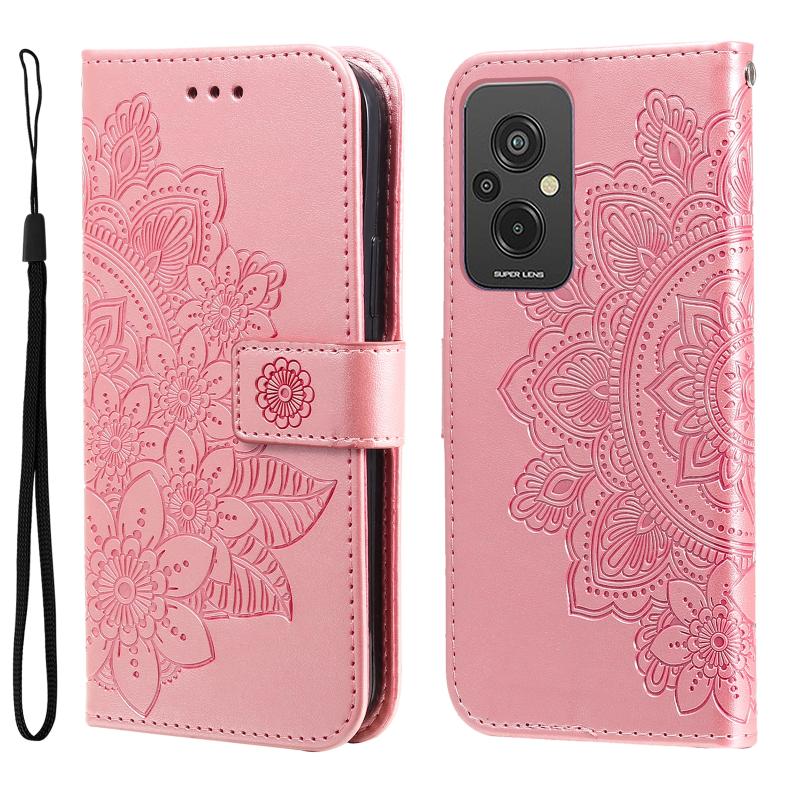 Voor Xiaomi Redmi 11 Prime 4G 7-bloemblaadje bloemen reliëf lederen telefoonhoes (roségoud)