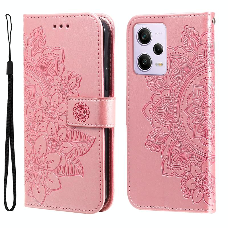 Voor Xiaomi Redmi Note 12 Pro 5G 7-bloemblaadje bloemen reliëf lederen telefoonhoes (rosé goud)