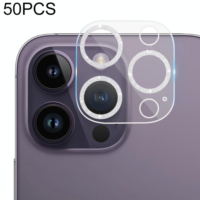 Voor iPhone 14 Pro Max / 14 Pro 50 stks Gehard Glas Glitter CD Textuur Back Camera Film (Zilver)