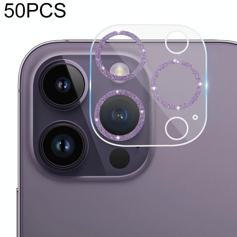 Voor iPhone 14 Pro Max / 14 Pro 50 stks Gehard Glas Glitter CD Textuur Terug Camera Film (Paars)