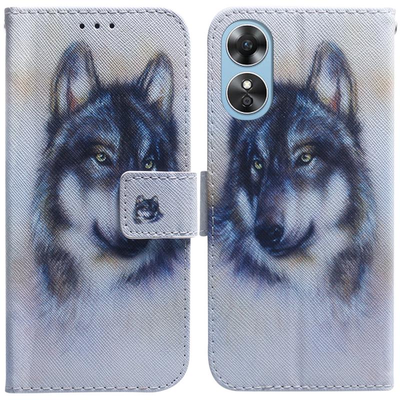 Voor OPPO A17 gekleurde tekening flip lederen telefoonhoes (witte wolf)