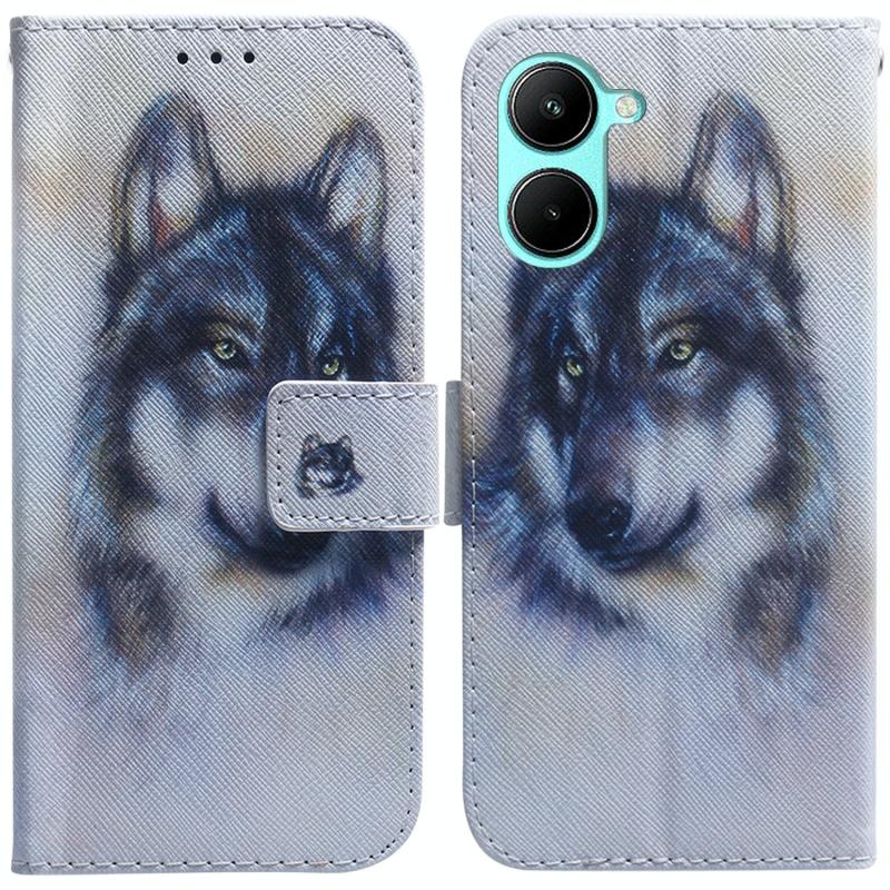 Voor Realme C33 gekleurde tekening flip lederen telefoonhoes (witte wolf)