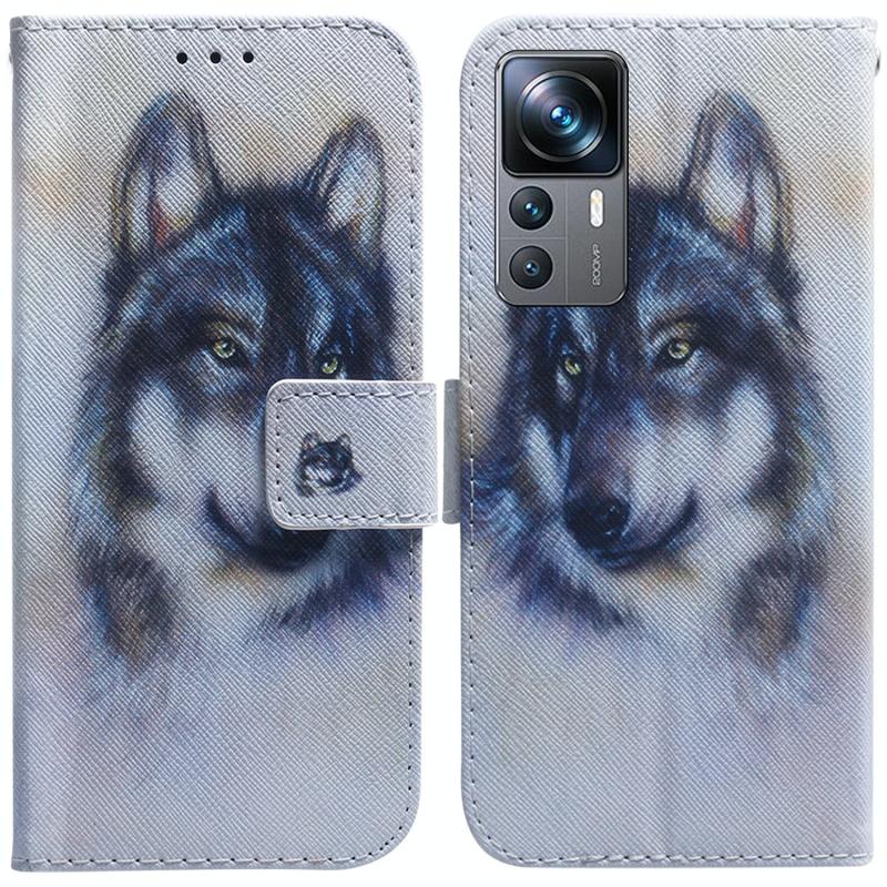 Voor Xiaomi 12T Pro gekleurde tekening flip lederen telefoonhoes (witte wolf)