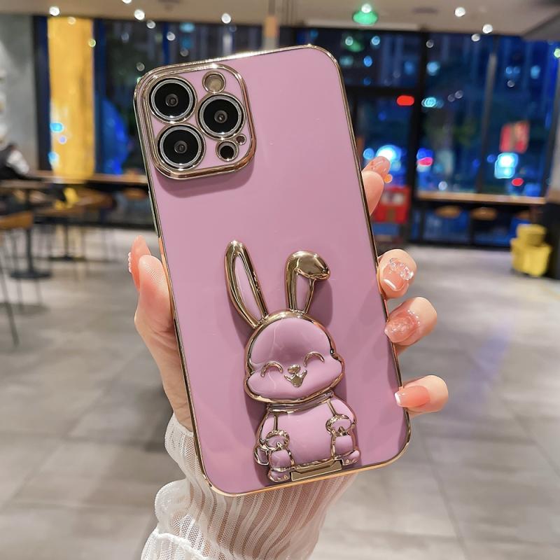 Voor iPhone 14 Pro Plating Rabbit Holder Phone Case(Rose Red)